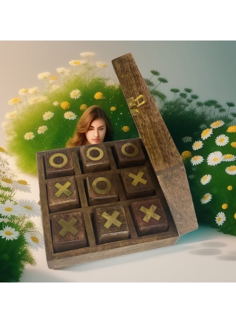 XO board game, handmade, made of wood, divided into squares, with the symbols X and O drawn on them, and characterized by its wooden base, which makes it rest on the table or on the floor.