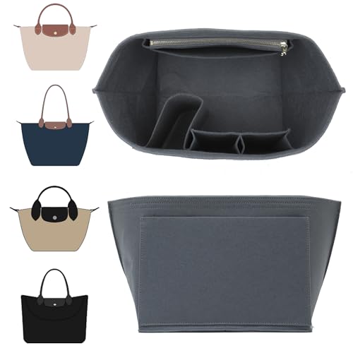 Doxo Purse Organizer Insert for Longchamp Le Pliage, Premium Felt Tote Bag Organizer with 8 Compartments and Zippered Pocket (Light Grey, Large) - Image 1