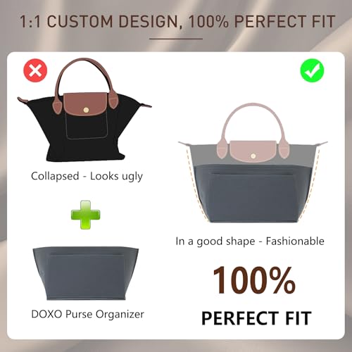 Doxo Purse Organizer Insert for Longchamp Le Pliage, Premium Felt Tote Bag Organizer with 8 Compartments and Zippered Pocket (Light Grey, Large) - Image 3