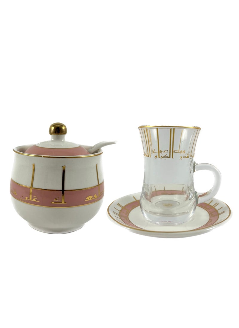 Homemaker 20-Piece Tea & Coffee Cups Set - 6 Tea Glass - 6 Coffee Cups - 6 Saucer - Sugar Bowl & Spoon - White & Clear & Pink & Gold  - Image 4