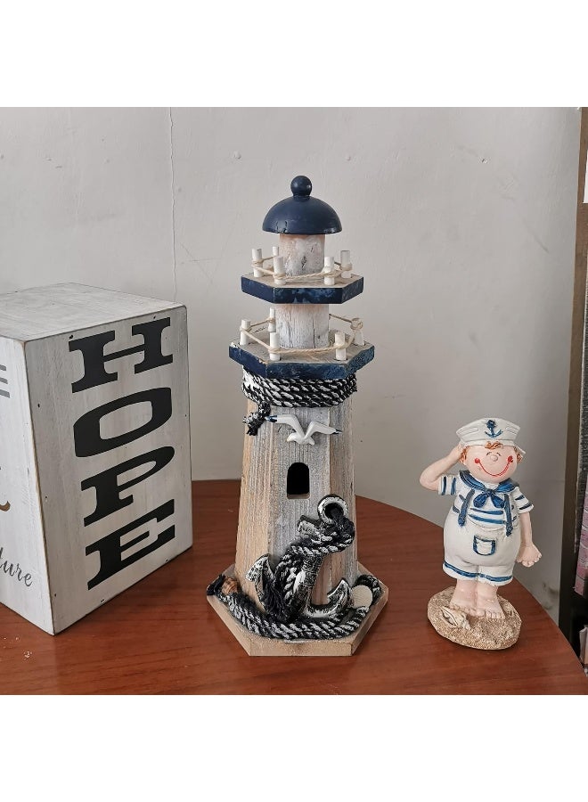 YK Decor Wooden Lighthouse Decor, 10.25Inch Decorative Nautical Lighthouse Rustic Ocean Sea Beach Themed Lighthouse Decoration, Handcrafted Tabletop Nautical Themed Home Decor Bathroom Decor(Seabird & Anchor) - Image 2