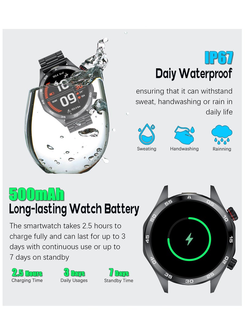 RollsTimi  Men's Smart Watch, HD 1.52inch Full Screen, Intelligent Bluetooth Call, IP68 Waterproof, 24 Hours Health Monitoring, 500mAh Long Battery,LED Flashlight, Fashion Business SmartWatch, I118 Steel Band Black - Image 3