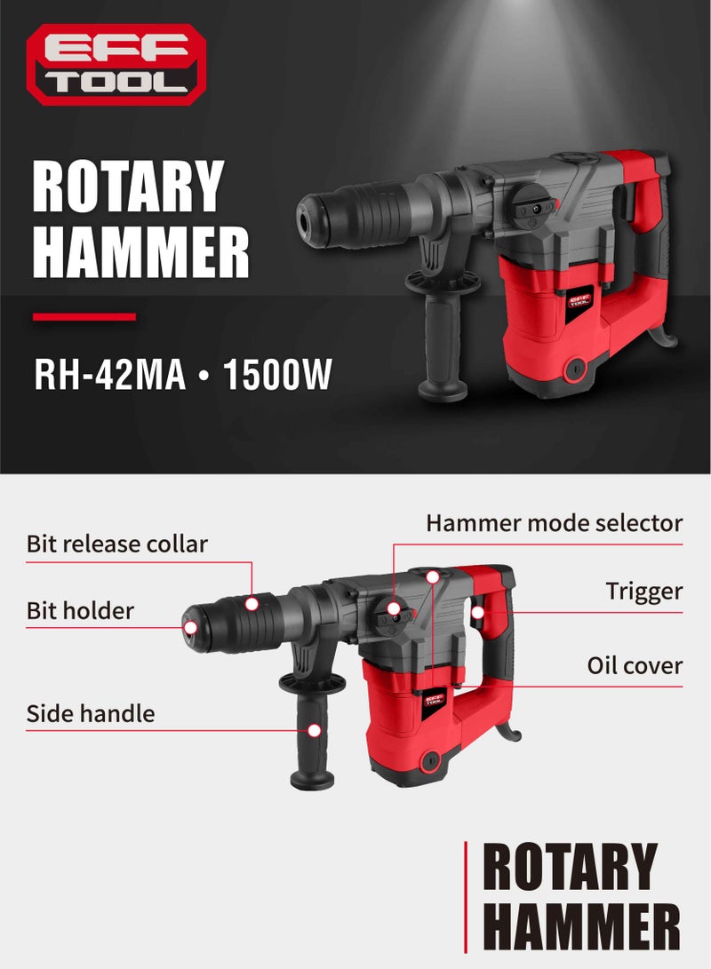 EFFTOOL 1500 واط، مثقاب مطرقي ثقيل، مثقاب هدم كهربائي مع قفل أمان وتحكم في الاهتزاز، حقيبة حمل، 3 رؤوس مثقاب، إزميل مسطح، إزميل مدبب، لتحسين المنزل، الحفر، هدم الخرسانة. - Image 3