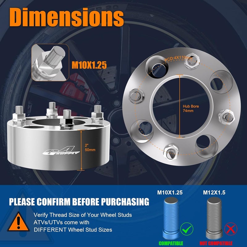 GAsupply 4x110 Wheel Spacers 2 Inch ATV Wheel Spacer Adapters 74mm Hub Bore with 10×1.25 Studs - 2 Pack - Image 2