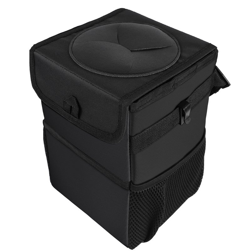 Car Trash Can Automotive Garbage Can with Lid Foldable Vehicle Trash Bin Container with Storage Pockets Waterproof & Leakproof Black - Image 1