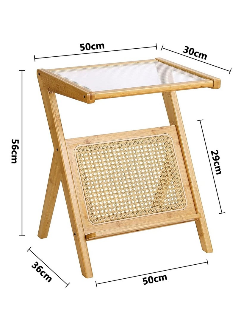 LINGWEI - Rattan Side Table Mid Century Nightstand Bamboo Accent Bedside Tables With Glass Surface Boho Wooden End Table with Storage for Small Space - Image 1