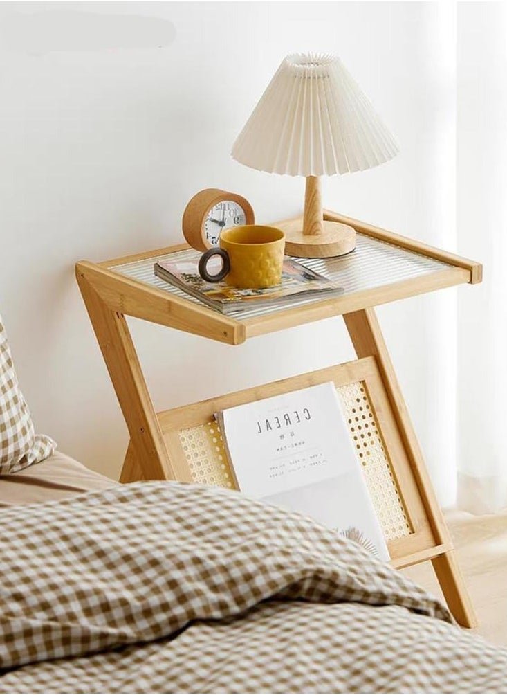 LINGWEI - Rattan Side Table Mid Century Nightstand Bamboo Accent Bedside Tables With Glass Surface Boho Wooden End Table with Storage for Small Space - Image 1