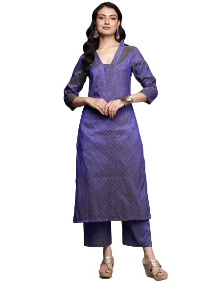 VARANGA Women Blue Jacquard V Neck Kurta With Bottom And Dupatta - Image 1