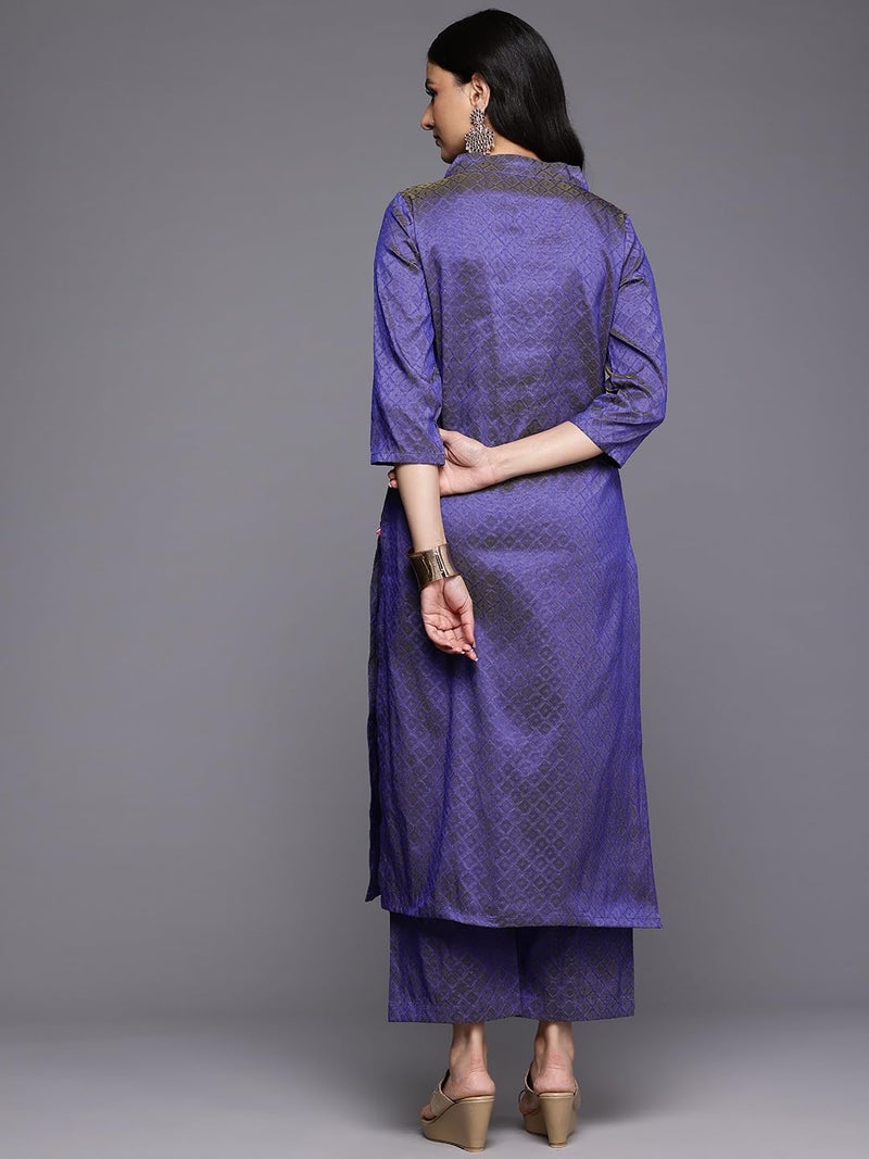 VARANGA Women Blue Jacquard V Neck Kurta With Bottom And Dupatta - Image 3