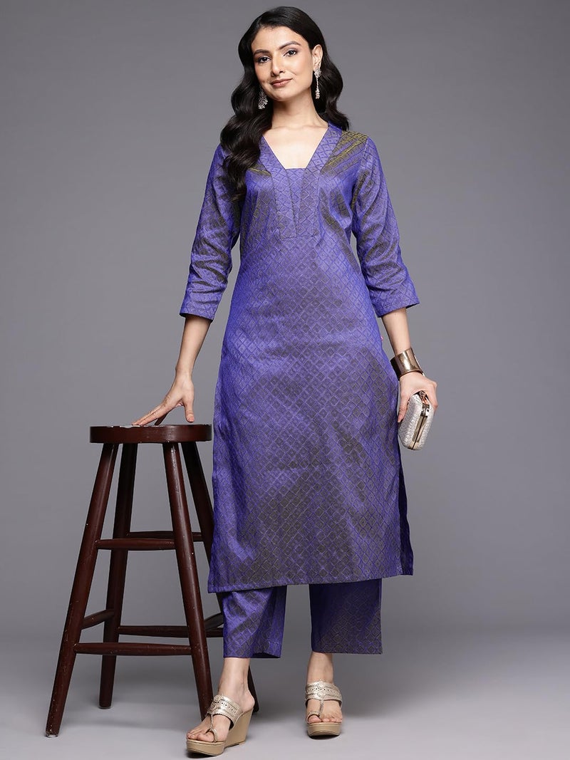 VARANGA Women Blue Jacquard V Neck Kurta With Bottom And Dupatta - Image 5