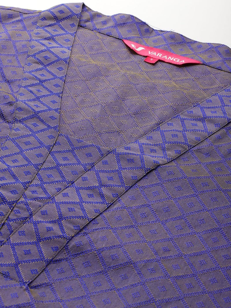 VARANGA Women Blue Jacquard V Neck Kurta With Bottom And Dupatta - Image 4