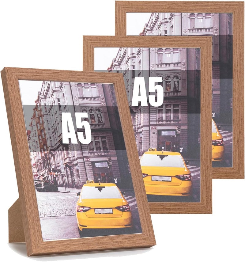 kennethan KAIWIN Picture Frame A5 Oak Wood Photo Frames Set of 3 MDF with Acrylic Glass for Hanging and Standing, Used for Living Room, Bedroom, Study, for Photos, Artworks and Posters - Image 1