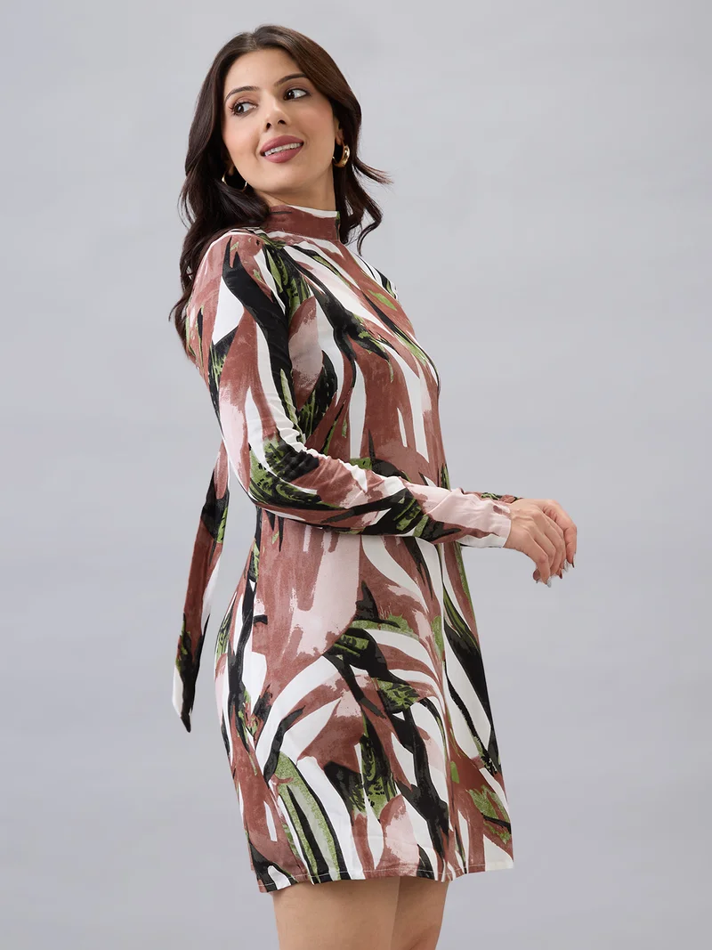globus Globus Women Brown High Neck Back Tie-Up Long Sleeves Abstract Brushstroke Print Mini A-Line Dress