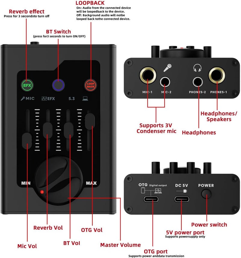 Keenso Sound Card, 4 Sound Effects Zero Latency Real Time Monitoring OTG Phone Connection Portable Aluminum Alloy with Built in Loopback Functionality (Black) - Image 3