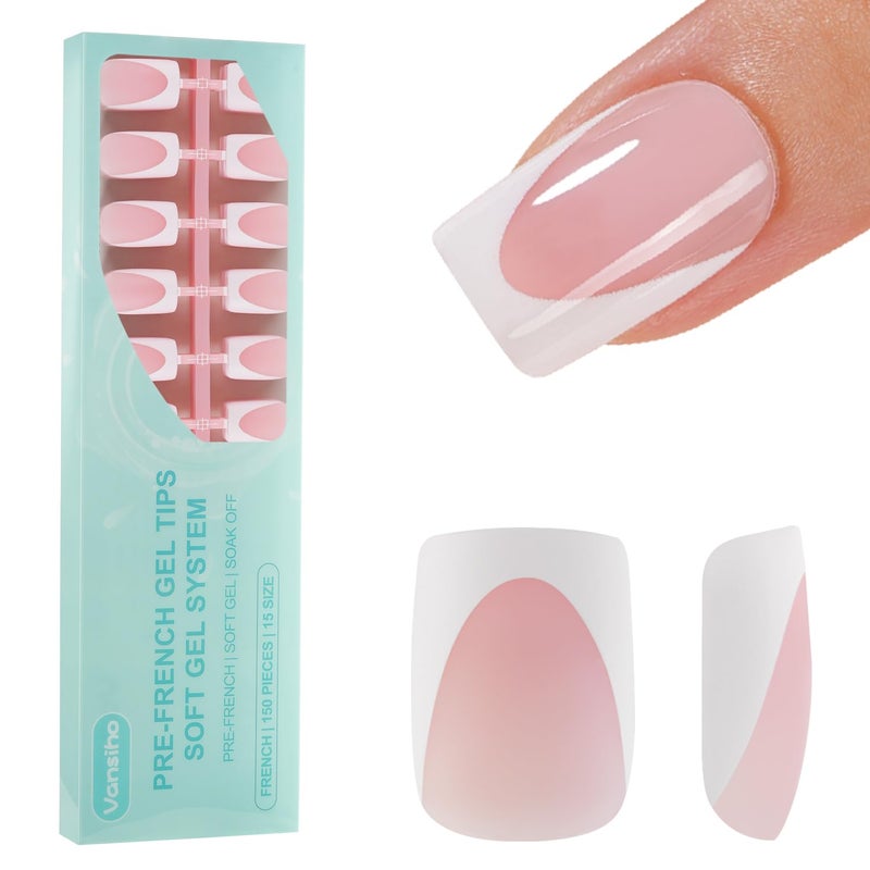 Vansiho Deep French Gel Nail Tips, 150Pcs Short Square Nail Tips, Pink Soft Gel French Tips Press on Nails, Fake Nails for Nail Art DIY 15 Sizes - Image 1