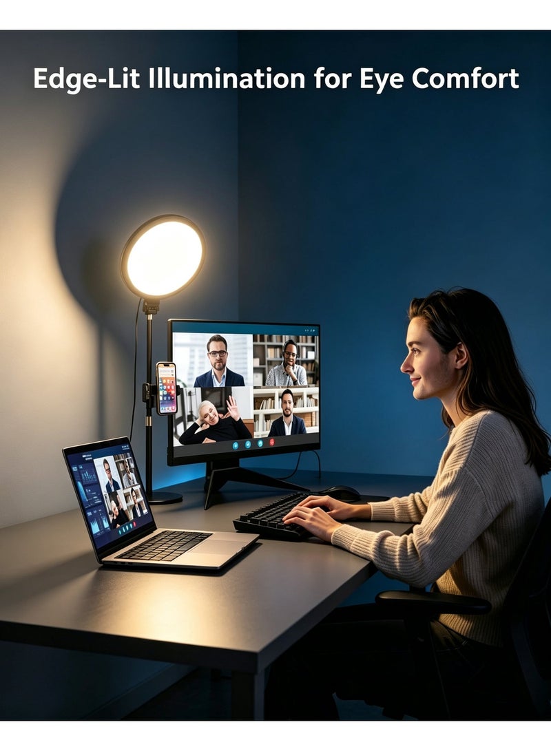 بيكنجينوس حلقة إضاءة مع حامل لاجتماعات زووم، بتلف ٣٦٠° قياس ١٠.٥ بوصة لإضاءة فيديو الكمبيوتر، إضاءة مكتبية، إضاءة LED كاملة الشاشة ومعاها حامل موبايل للبث المباشر ومكالمات الفيديو - Image 2