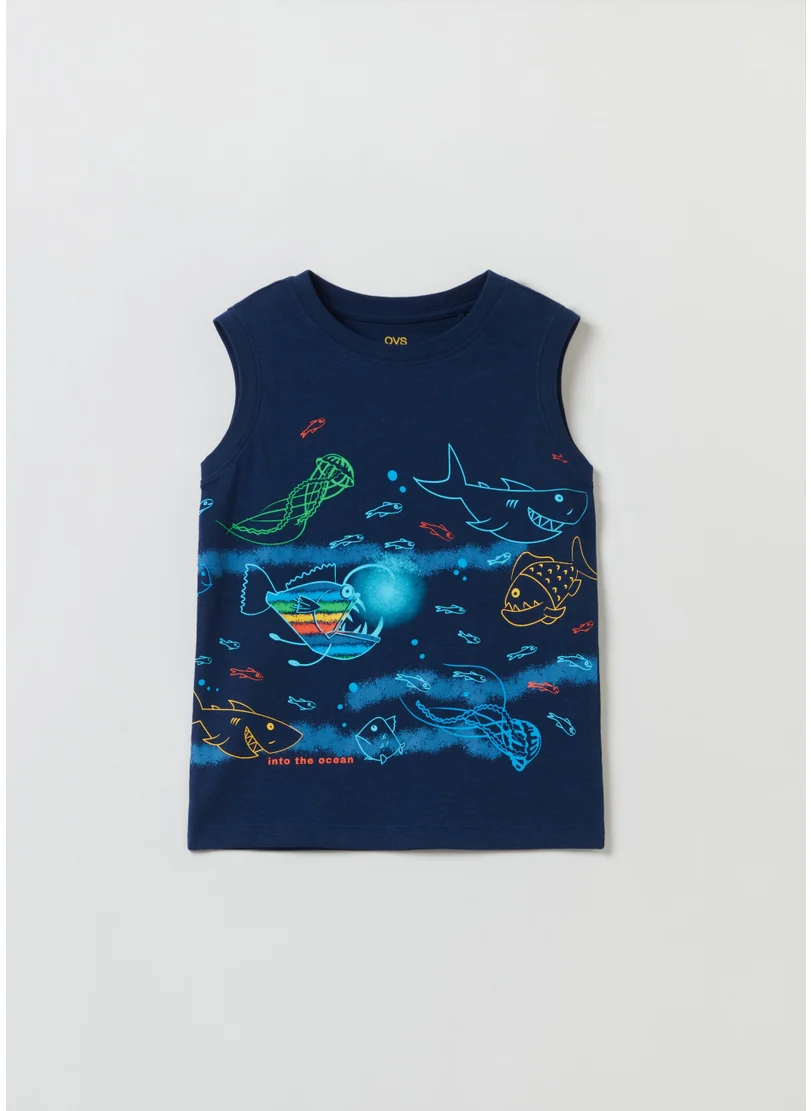 Ovs Cotton Racerback Vest With Fish Print