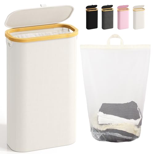 Bathola 75L Slim Laundry Hamper with Lid, Dirty Clothes Hampers for Laundry, Collapsible Laundry Baskets for Small Spaces, Bedroom, Bathroom, Laundry Room, Beige - Image 1