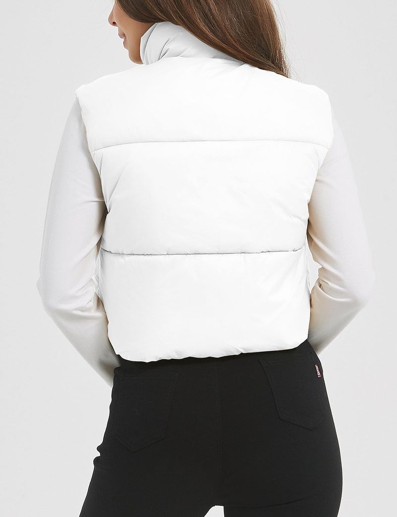 Flygo Puffer Vest Women Cropped Vest Zip Up Stand Collar Sleeveless Lightweight Winter Down Vests Jacket(White-XL) - Image 4