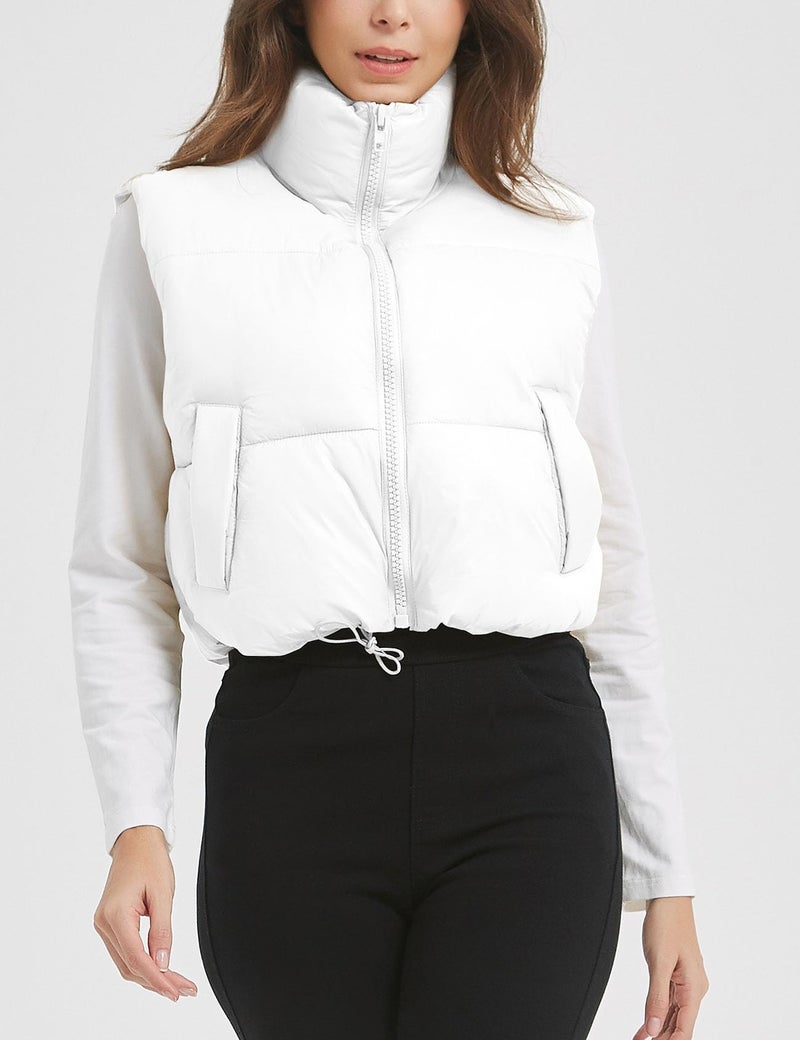 Flygo Puffer Vest Women Cropped Vest Zip Up Stand Collar Sleeveless Lightweight Winter Down Vests Jacket(White-XL) - Image 2