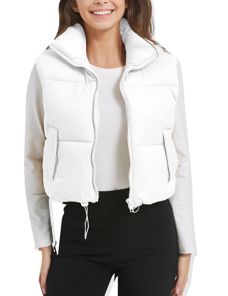 Flygo Puffer Vest Women Cropped Vest Zip Up Stand Collar Sleeveless Lightweight Winter Down Vests Jacket(White-XL) - Image 1