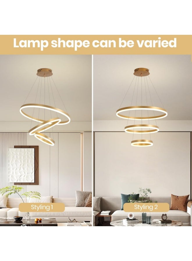 Modern Dimmable LED Ring Chandelier with Remote Control – 3-Tier Gold Adjustable Pendant Light for Living Room, Dining Room & Foyer – Contemporary Hanging Ceiling Fixture, Warm to Cool Lighting - Image 2