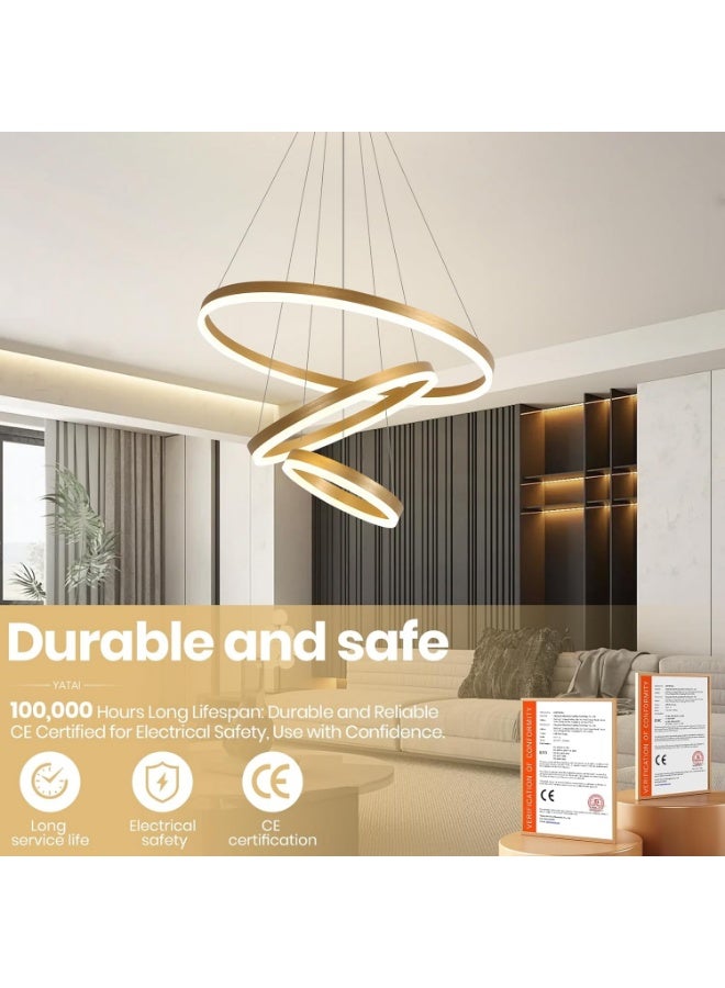 Modern Dimmable LED Ring Chandelier with Remote Control – 3-Tier Gold Adjustable Pendant Light for Living Room, Dining Room & Foyer – Contemporary Hanging Ceiling Fixture, Warm to Cool Lighting - Image 4
