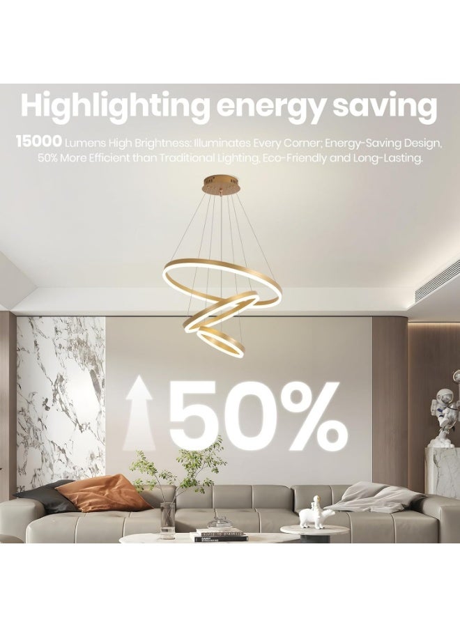 Modern Dimmable LED Ring Chandelier with Remote Control – 3-Tier Gold Adjustable Pendant Light for Living Room, Dining Room & Foyer – Contemporary Hanging Ceiling Fixture, Warm to Cool Lighting - Image 5