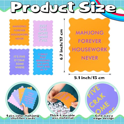 Maitys 4 Pcs Color Mahjong Shuffler Cards with Funny Sayings for Mixing Shuffling Tiles Thick PVC Shufflers with Wavy Scalloped Edges Mahjong Accessories Gifts for Lovers Playing PleochroicLively - Image 5