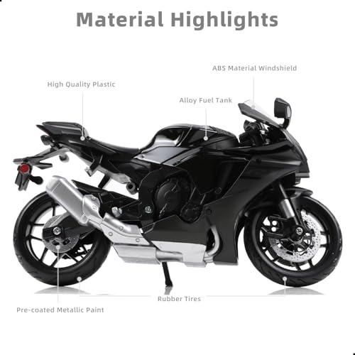 Risopen 1:12 Motorcycle Model Toy for Yamaha YZF-R1 1000R Metal Die-cast with Plastic Motorcycle Model No Assembly Required Mini Finished Moto Gift for Adult（Black） - Image 3