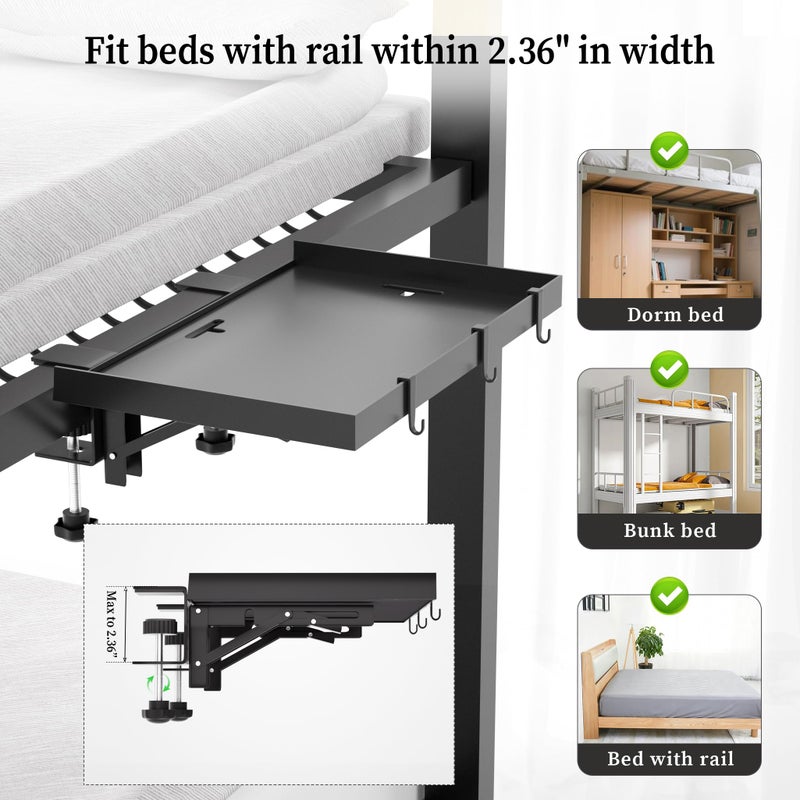 Edudif Foldable Bedside Shelf, Metal Clip-On Bed Tray Table for Bunk Bed & Dorm Beds, Dorm Room Essentials Organizer for College Students, Floating Tray, Space Saving Nightstand for Loft Beds (Black, Large) - Image 4