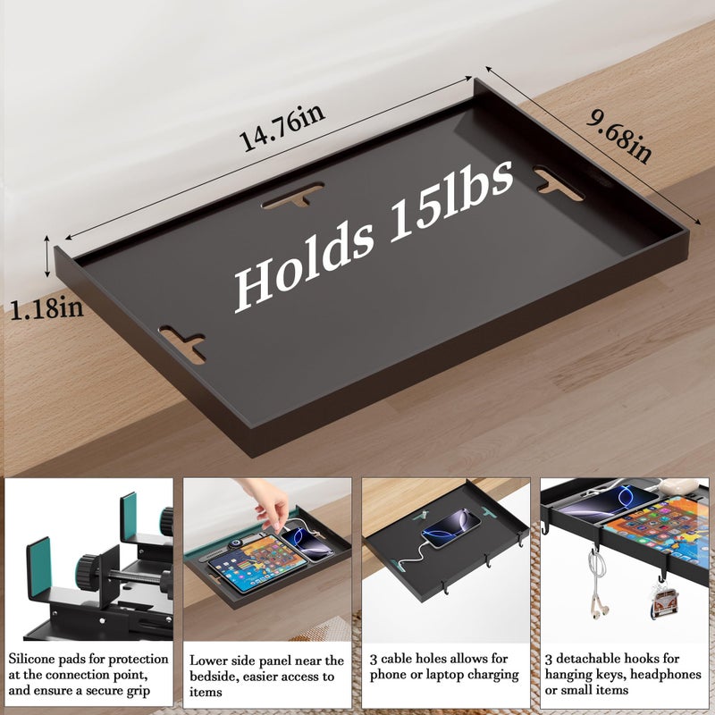 Edudif Foldable Bedside Shelf, Metal Clip-On Bed Tray Table for Bunk Bed & Dorm Beds, Dorm Room Essentials Organizer for College Students, Floating Tray, Space Saving Nightstand for Loft Beds (Black, Large) - Image 5