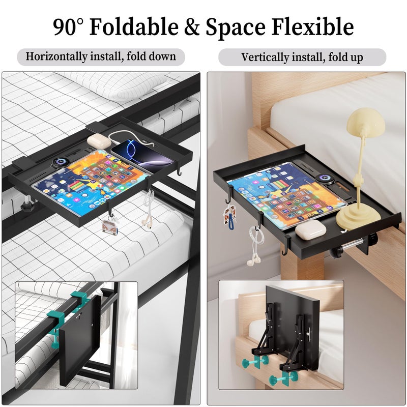 Edudif Foldable Bedside Shelf, Metal Clip-On Bed Tray Table for Bunk Bed & Dorm Beds, Dorm Room Essentials Organizer for College Students, Floating Tray, Space Saving Nightstand for Loft Beds (Black, Large) - Image 3