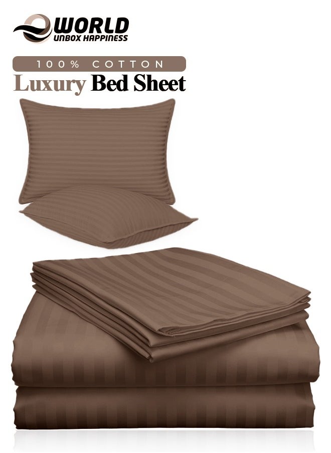 Eworld - 3 Piece Luxury Dark Brown Striped Bed Sheet Set with 1 Flat Sheet and 2 Pillowcases for Hotel and Home Crafted from Ultra Soft and Breathable Cotton for Year-Round Comfort, (Single/Double) - Image 1