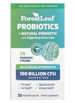 ForestLeaf Probiotics + Natural Prebiotic with Digestive Enzymes Maximum Strength 30 Vegetarian Capsules 