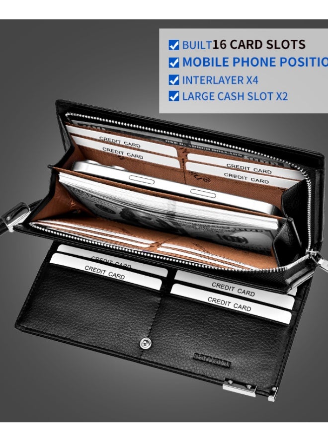 banyanu Men's Wallet, Men's Genuine Leather Cowhide Long Zipper Multi-Card Slot Large Capacity Wallet, Black - Plain - Image 5