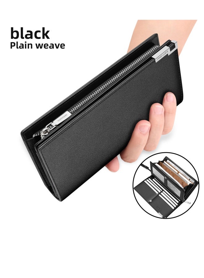 banyanu Men's Wallet, Men's Genuine Leather Cowhide Long Zipper Multi-Card Slot Large Capacity Wallet, Black - Plain - Image 1