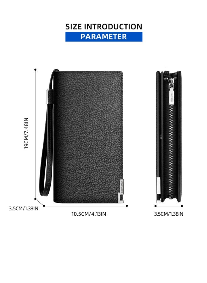 banyanu Men's Wallet, Men's Genuine Leather Cowhide Long Zipper Multi-Card Slot Large Capacity Wallet, Black - Plain - Image 3