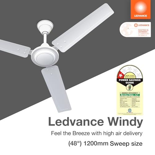 LEDVANCE Windy Ceiling Fan 1200mm | 400 RPM Speed | Low Power Consumption | Higher Air Delivery | BEE Star Rated | Heavy Motor | Suitable for Room, Schools & Offices | 2 Year Warranty - White - Image 2