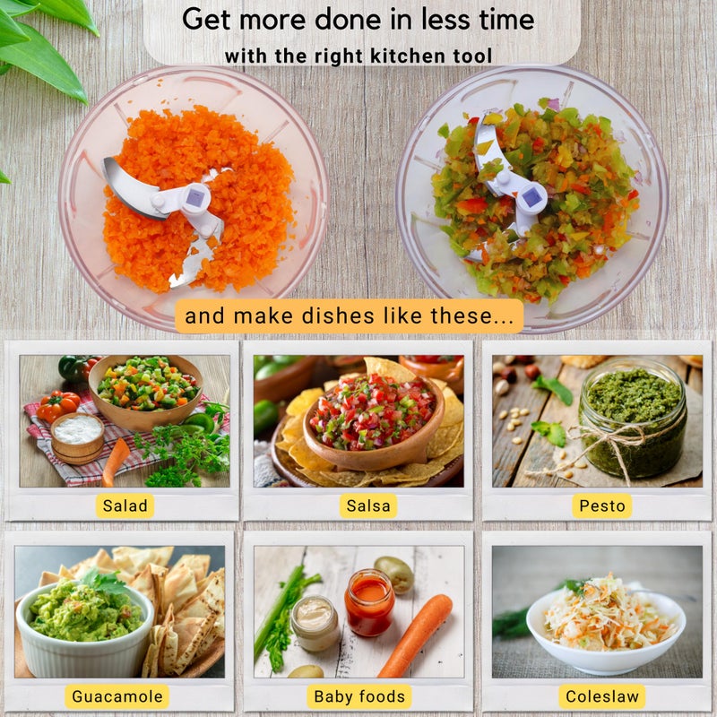 Brieftons Manual Food Chopper, Compact & Powerful Hand Pull Chopper Blender to Chop Onion, Garlic, Vegetables, Fruits, Herbs for Salsa, Salad, Pesto, Hummus, Coleslaw, Puree, Indian Cooking - Image 2