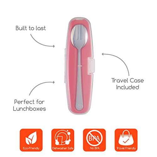 Innobaby Din Din Smart Stainless Steel Spoon and Fork with Carrying Case. Utensil Set for Kids and Toddlers. BPA Free. Pink. (DS-SSF02) - Image 2