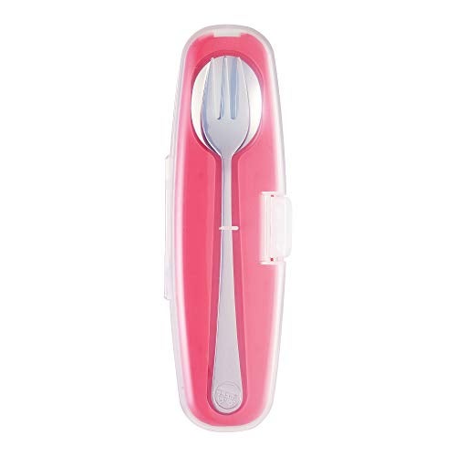 Innobaby Din Din Smart Stainless Steel Spoon and Fork with Carrying Case. Utensil Set for Kids and Toddlers. BPA Free. Pink. (DS-SSF02) - Image 1