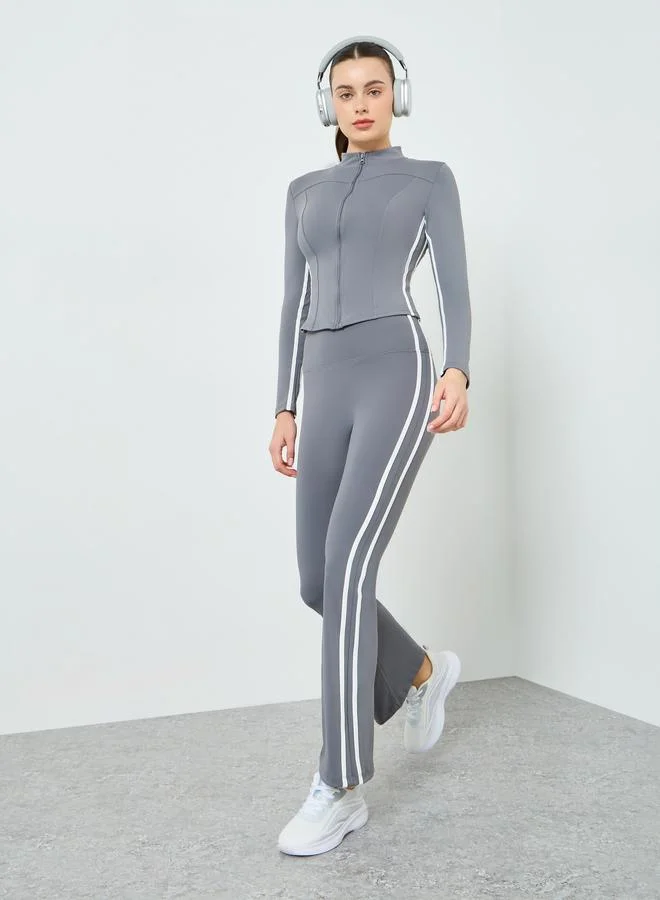 Styli Active Women Grey Contrast Side Stripe Jacket and Leggings Set
