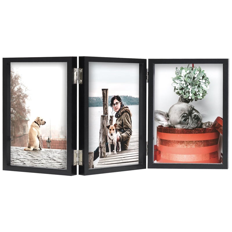 TOFOREVO 4x6 3 Picture Frame Triple Wooden Hinged Photo Frame Definition Glass Stand Vertically on Desktop or Tabletop Black - Image 1