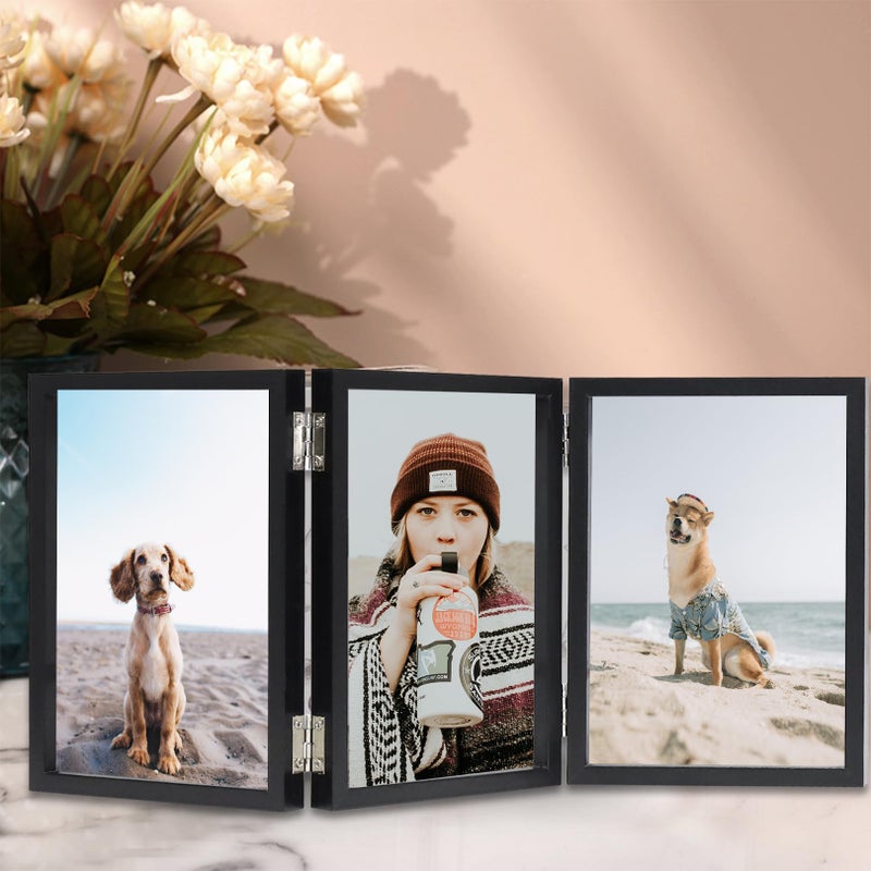 TOFOREVO 4x6 3 Picture Frame Triple Wooden Hinged Photo Frame Definition Glass Stand Vertically on Desktop or Tabletop Black - Image 2