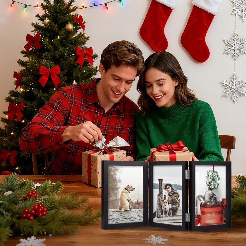 TOFOREVO 4x6 3 Picture Frame Triple Wooden Hinged Photo Frame Definition Glass Stand Vertically on Desktop or Tabletop Black - Image 4