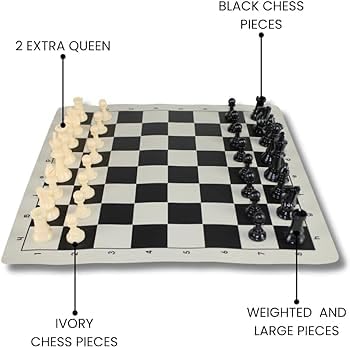 Tima Best Value Tournament Chess Set 17"x 17" Staunton Chess Pieces and Roll-Up Vinyl Chess Board, Plastic Filled Pieces & Bag (Black) - Image 2