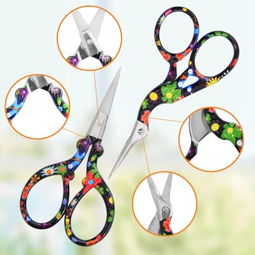 AQUEENLY Embroidery Scissors Vintage 2 Pcs Stainless Steel Stork Scissors Small Sewing Scissor Sharp 3.6 Inches Crochet Scissor for artwork, Threading, Needlework, Black Flower Style - Image 4