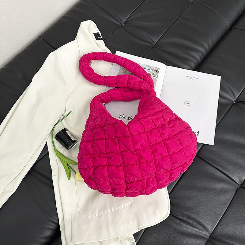Korean Pleated Cloud Puffer Tote Crossbody Bag rose red