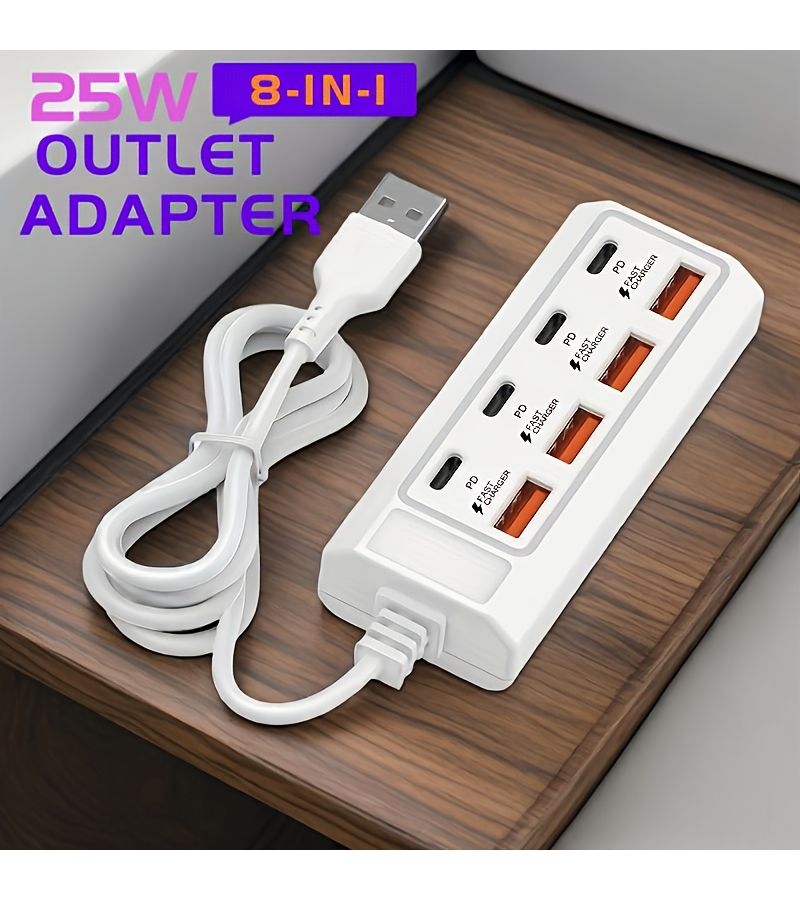 White 25W RV Fast Charging Station 8 Port USB Hub with 4 USB A and 4 Type C PD - Image 1